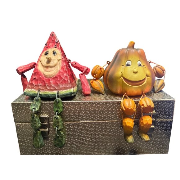 Vtg '80's Anthropomorphic Pumpkin Watermelon Resin Shelf Sitters - Picture 1 of 4